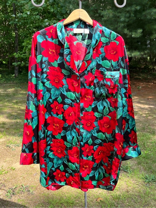 Victoria's Secret Other - 90s Victoria’s Secret Gold Tag Satin Floral Button-Up Pajama Shirt Glam Retro